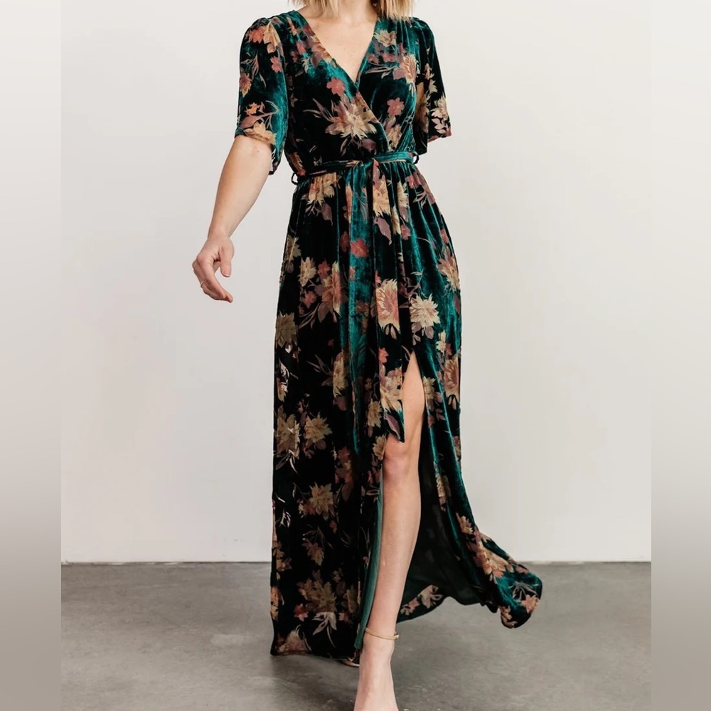 Baltic Born green velvet floor length floral dress in Medium
